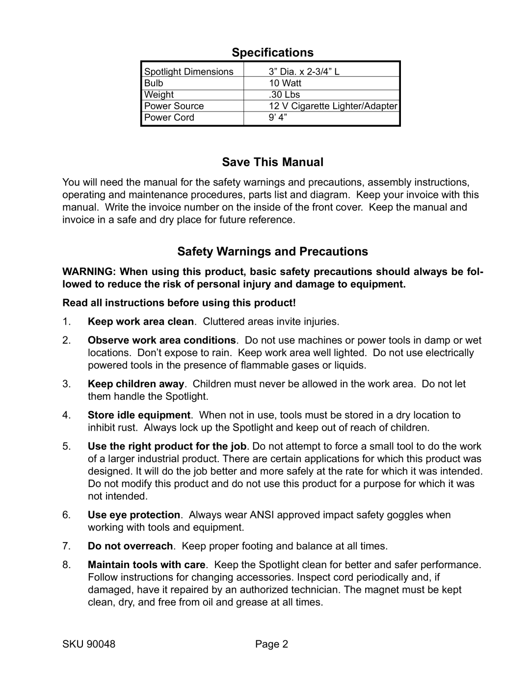 Harbor Freight Tools 90048 operating instructions Specifications, Save This Manual, Safety Warnings and Precautions 