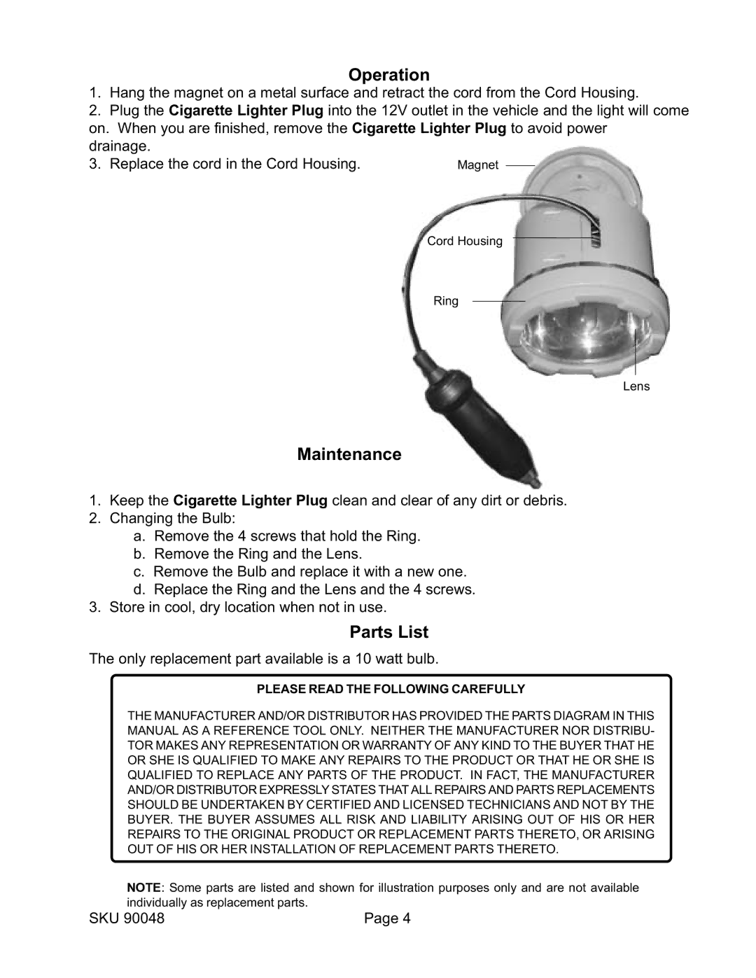 Harbor Freight Tools 90048 operating instructions Operation, Maintenance, Parts List 