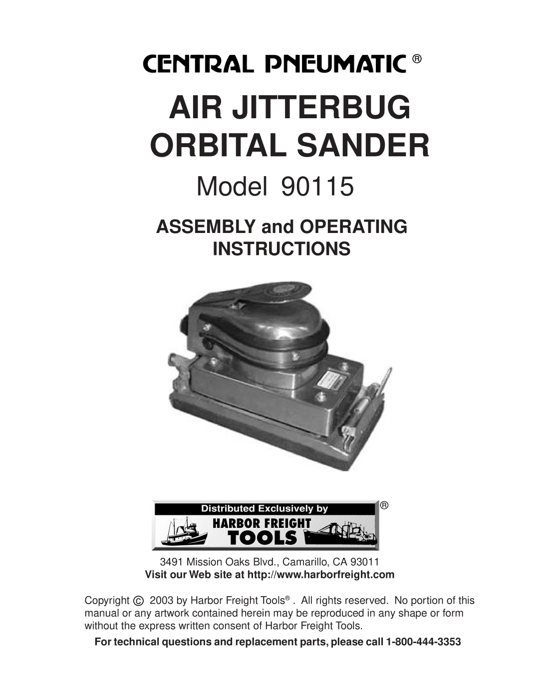 Harbor Freight Tools 90115 operating instructions AIR Jitterbug Orbital Sander 