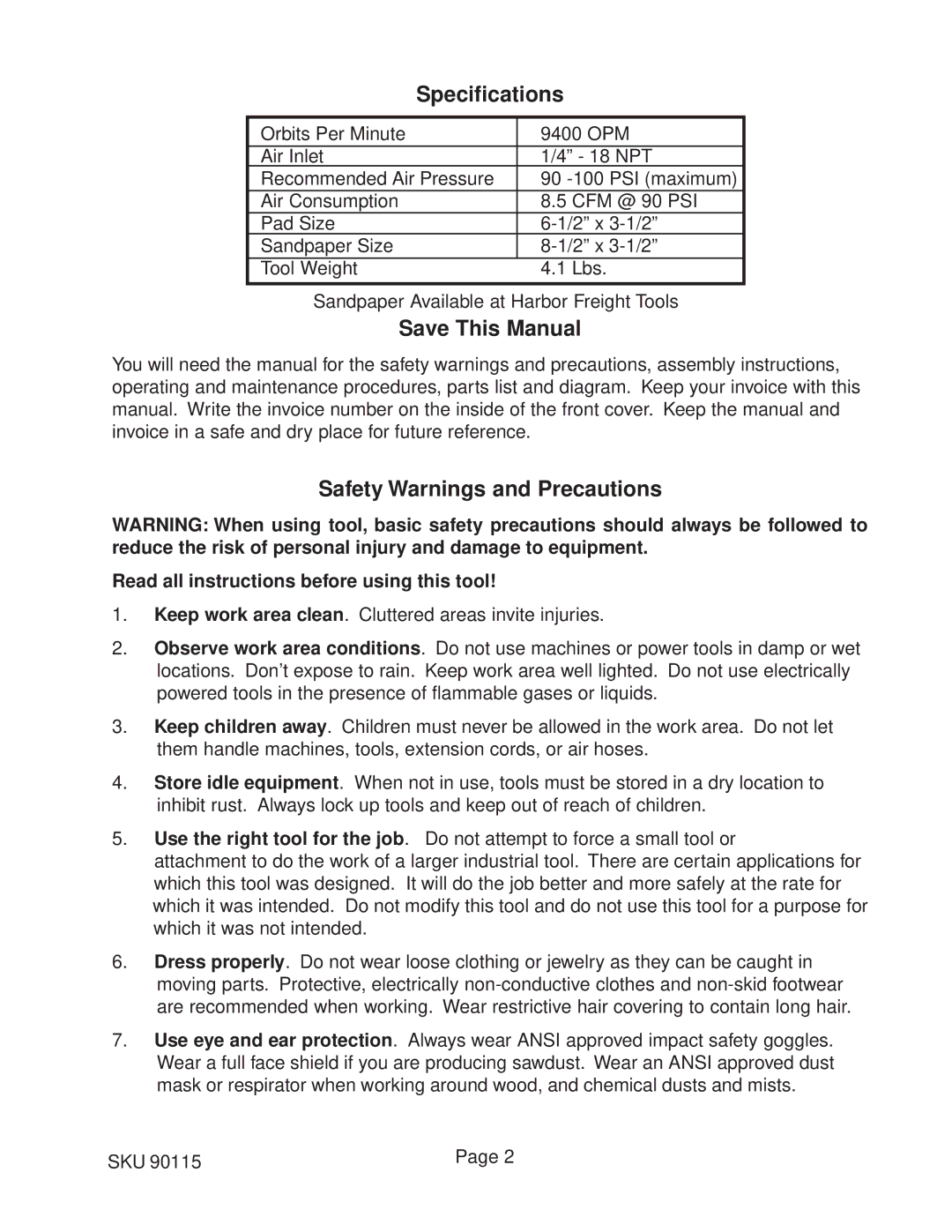 Harbor Freight Tools 90115 operating instructions Specifications, Save This Manual, Safety Warnings and Precautions 