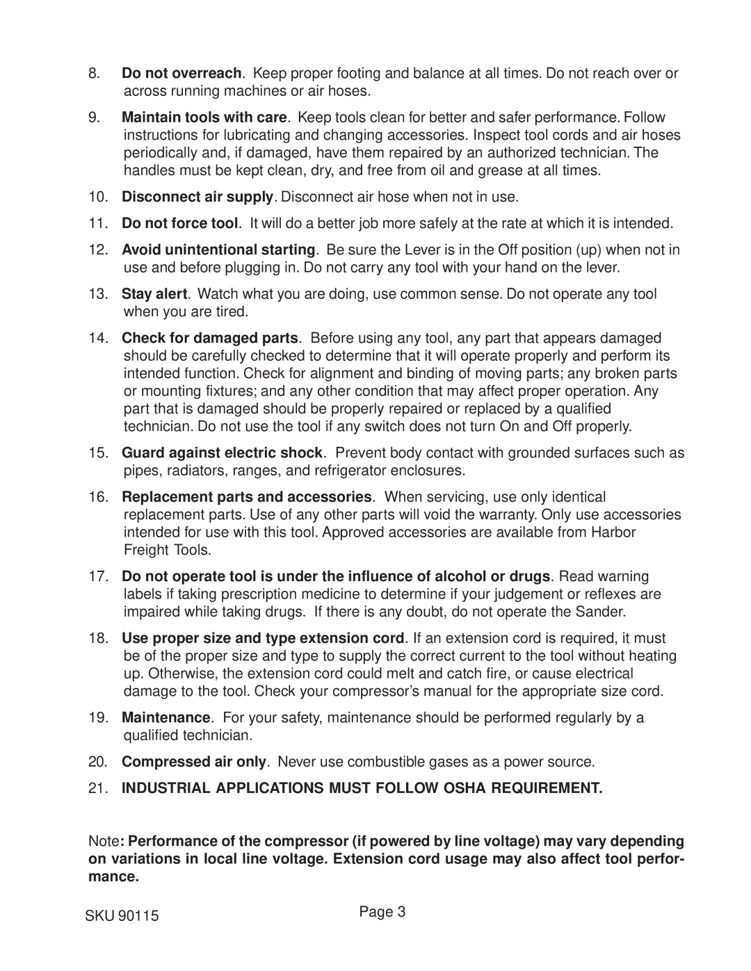 Harbor Freight Tools 90115 operating instructions Industrial Applications Must Follow Osha Requirement 