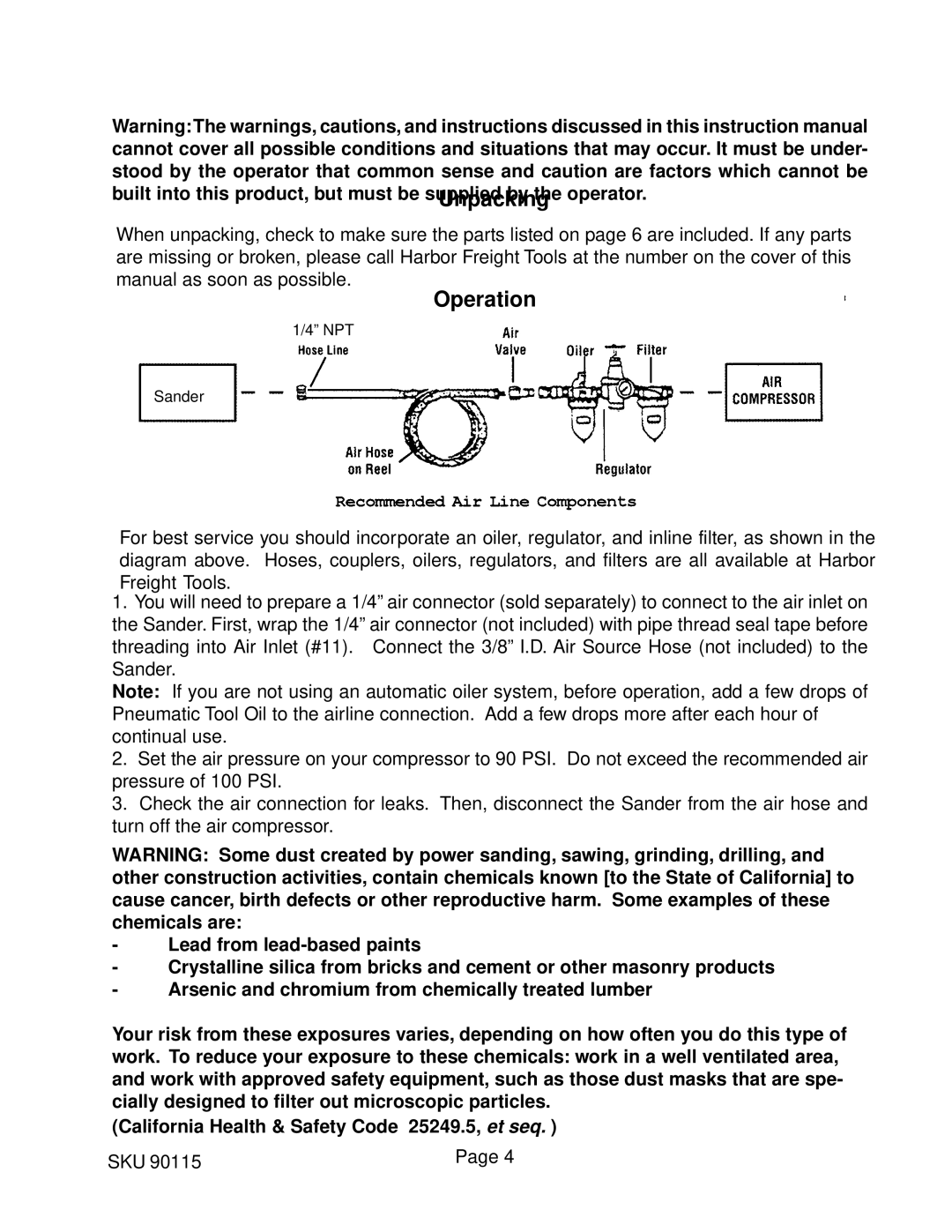 Harbor Freight Tools 90115 operating instructions Operation 