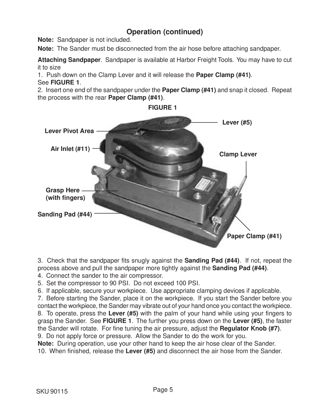 Harbor Freight Tools 90115 operating instructions Operation 