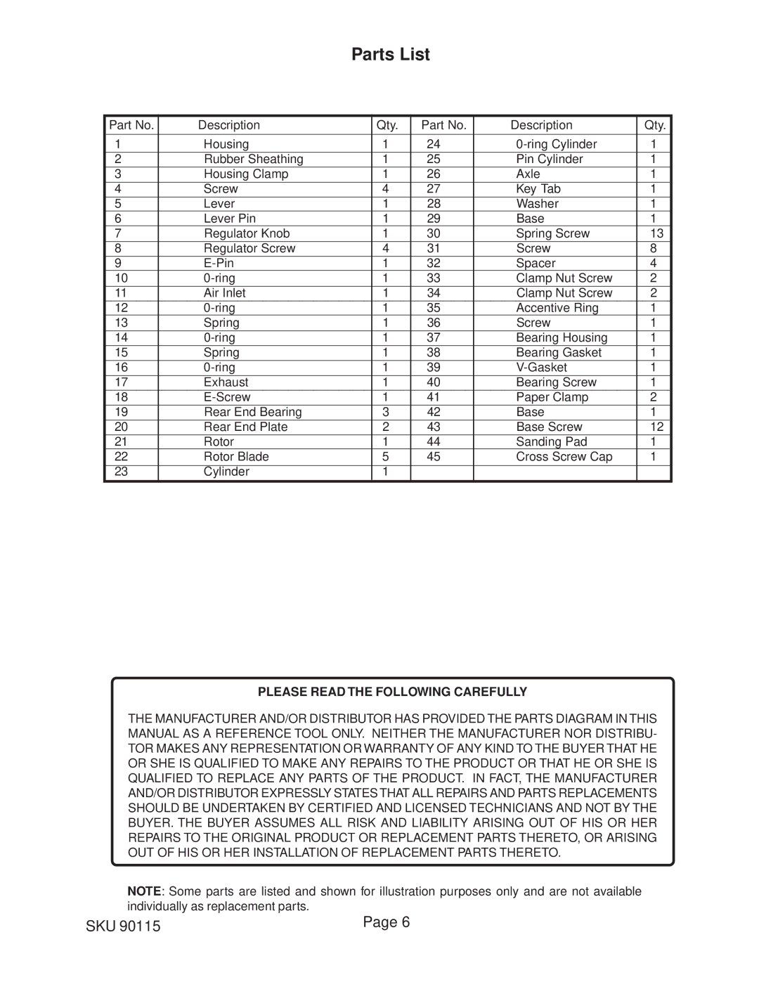 Harbor Freight Tools 90115 operating instructions Parts List, Please Read the Following Carefully 