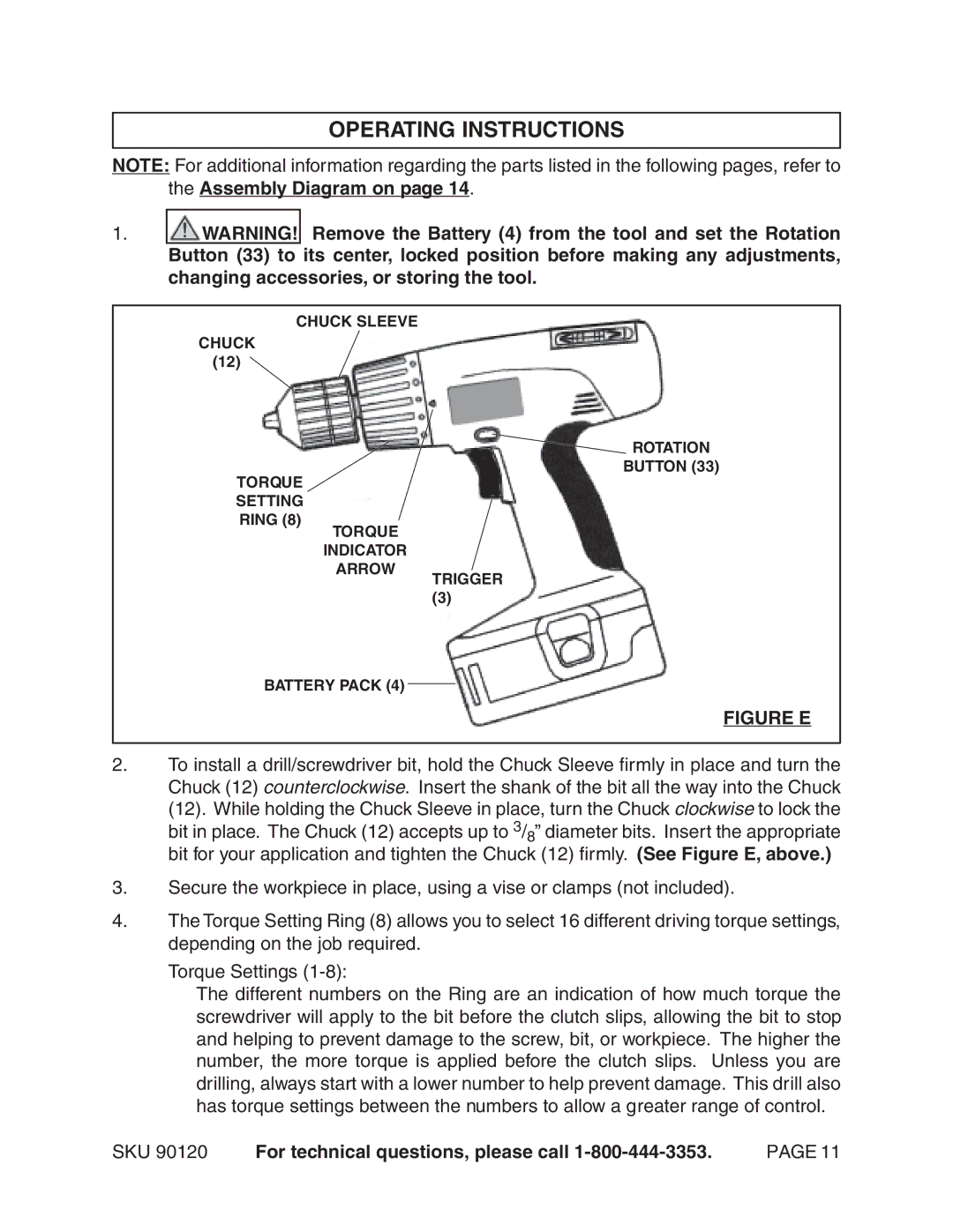 Harbor Freight Tools 90120 operating instructions Operating Instructions, Figure E 