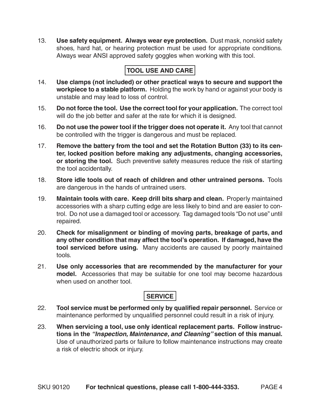 Harbor Freight Tools 90120 operating instructions Tool USE and Care, Service 