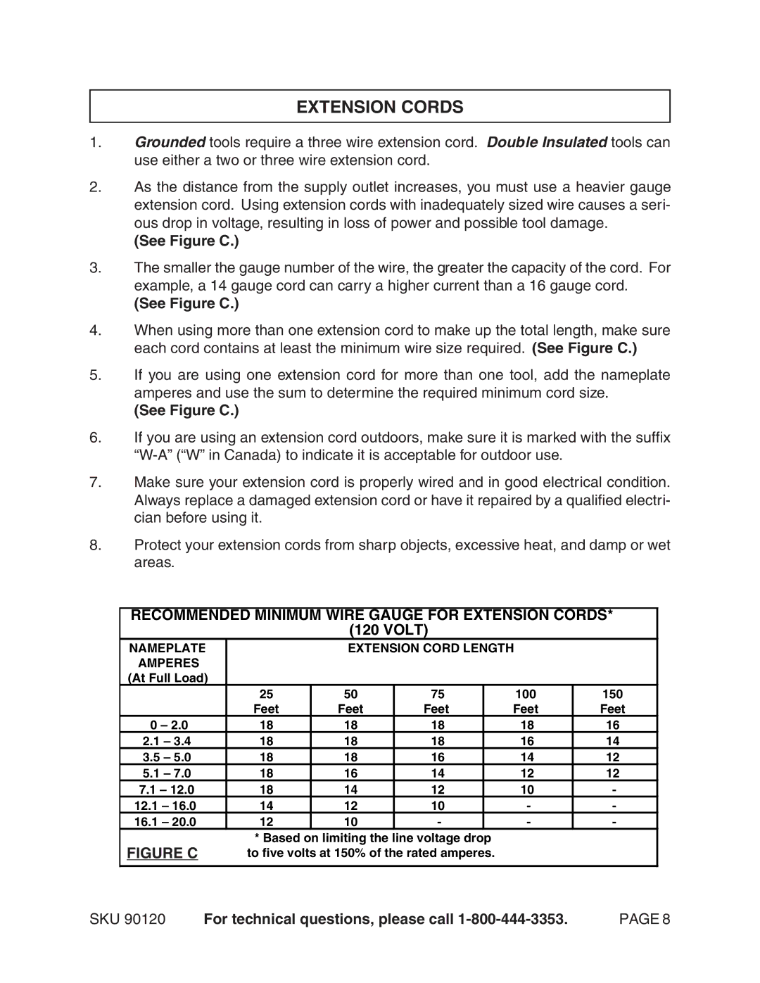 Harbor Freight Tools 90120 operating instructions Extension Cords, See Figure C 