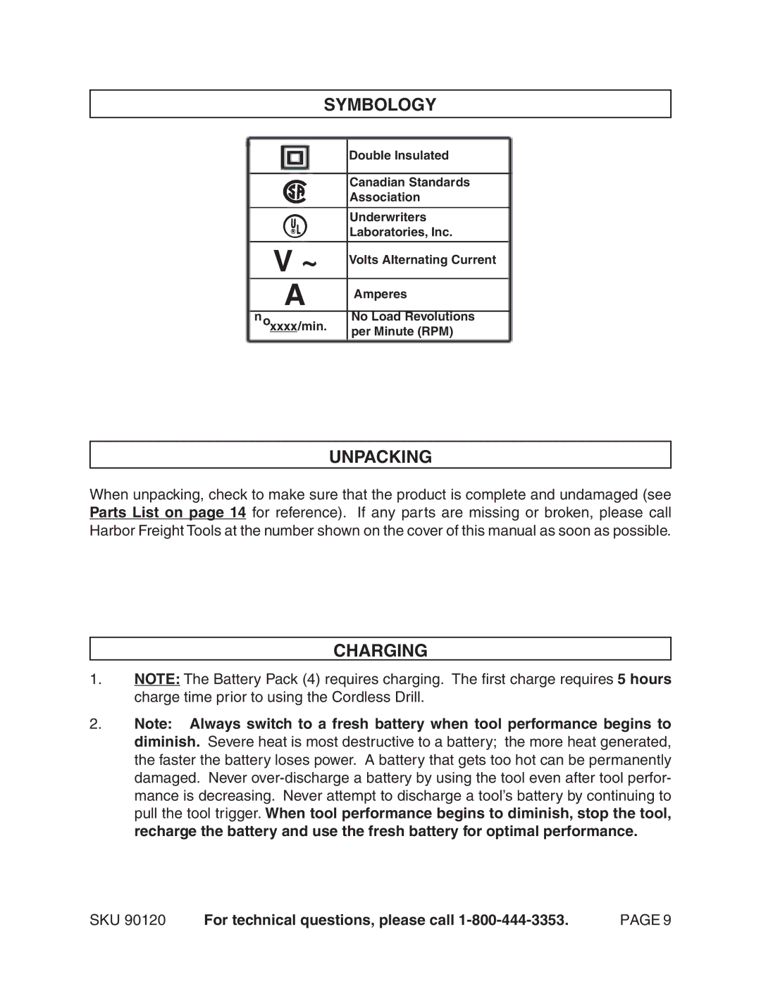 Harbor Freight Tools 90120 operating instructions Symbology, Unpacking, Charging 