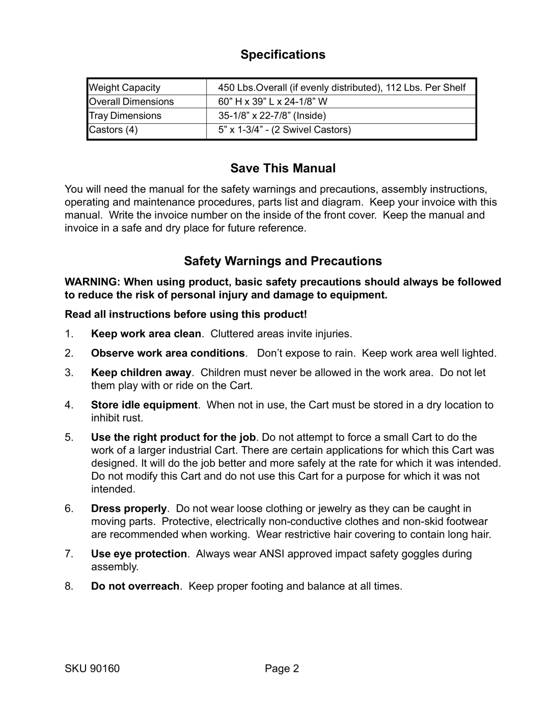 Harbor Freight Tools 90160 operating instructions Specifications, Save This Manual, Safety Warnings and Precautions 