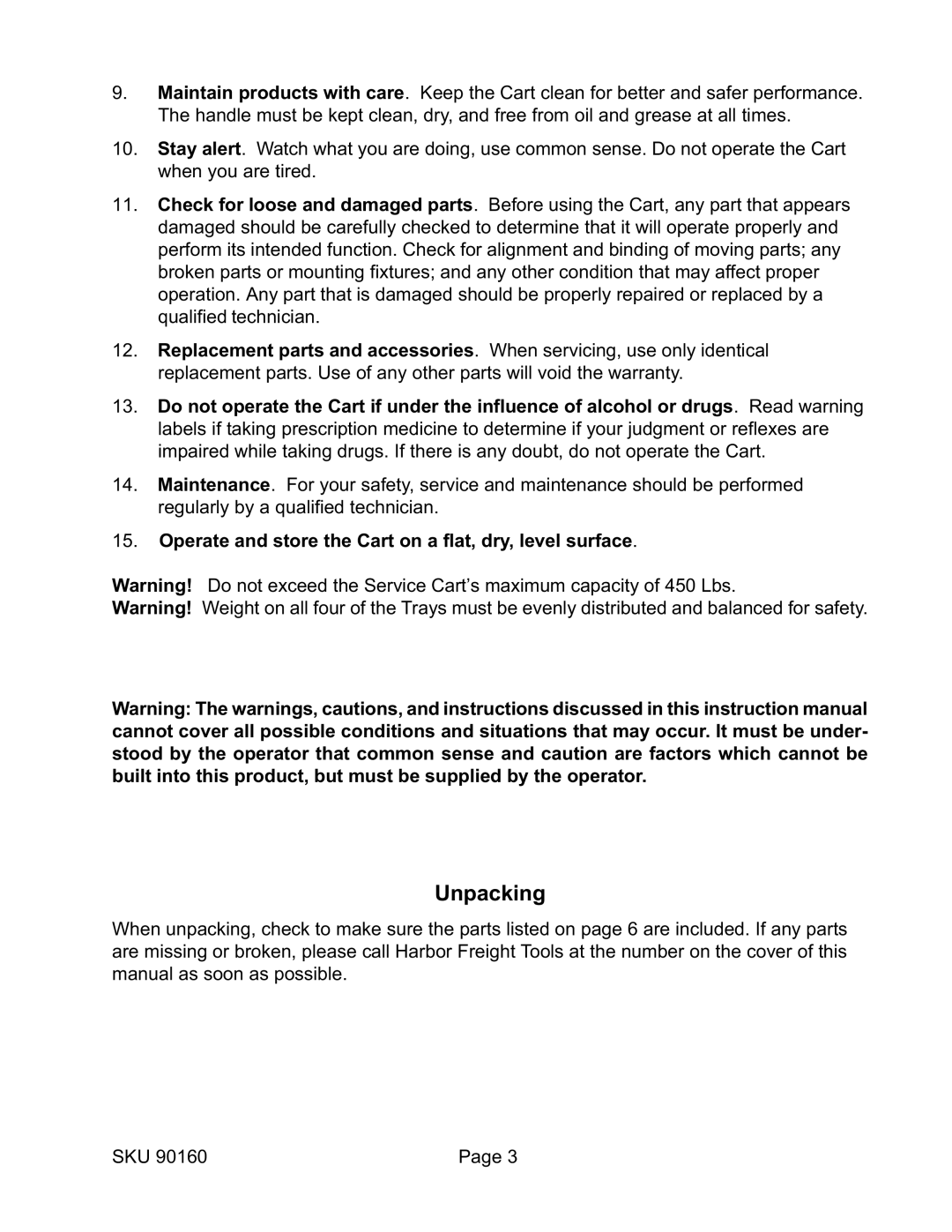 Harbor Freight Tools 90160 operating instructions Unpacking 