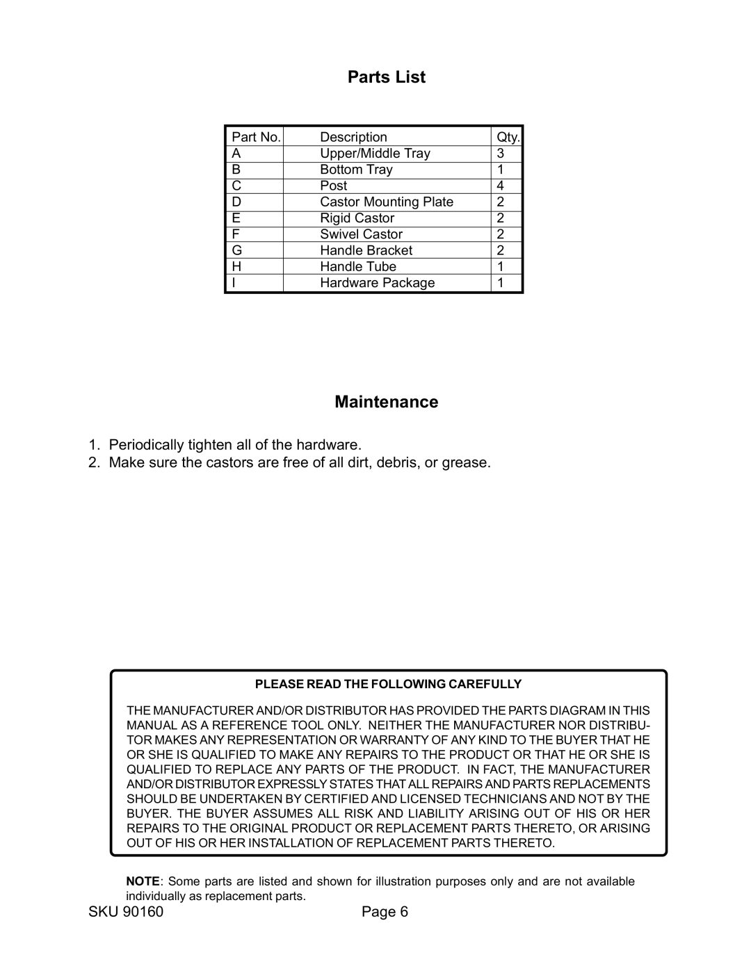 Harbor Freight Tools 90160 operating instructions Parts List, Maintenance 