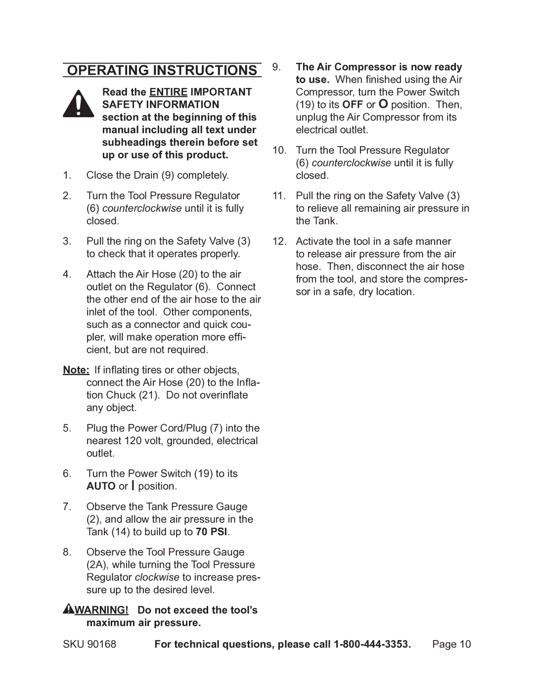 Harbor Freight Tools 90168 operating instructions Operating Instructions 