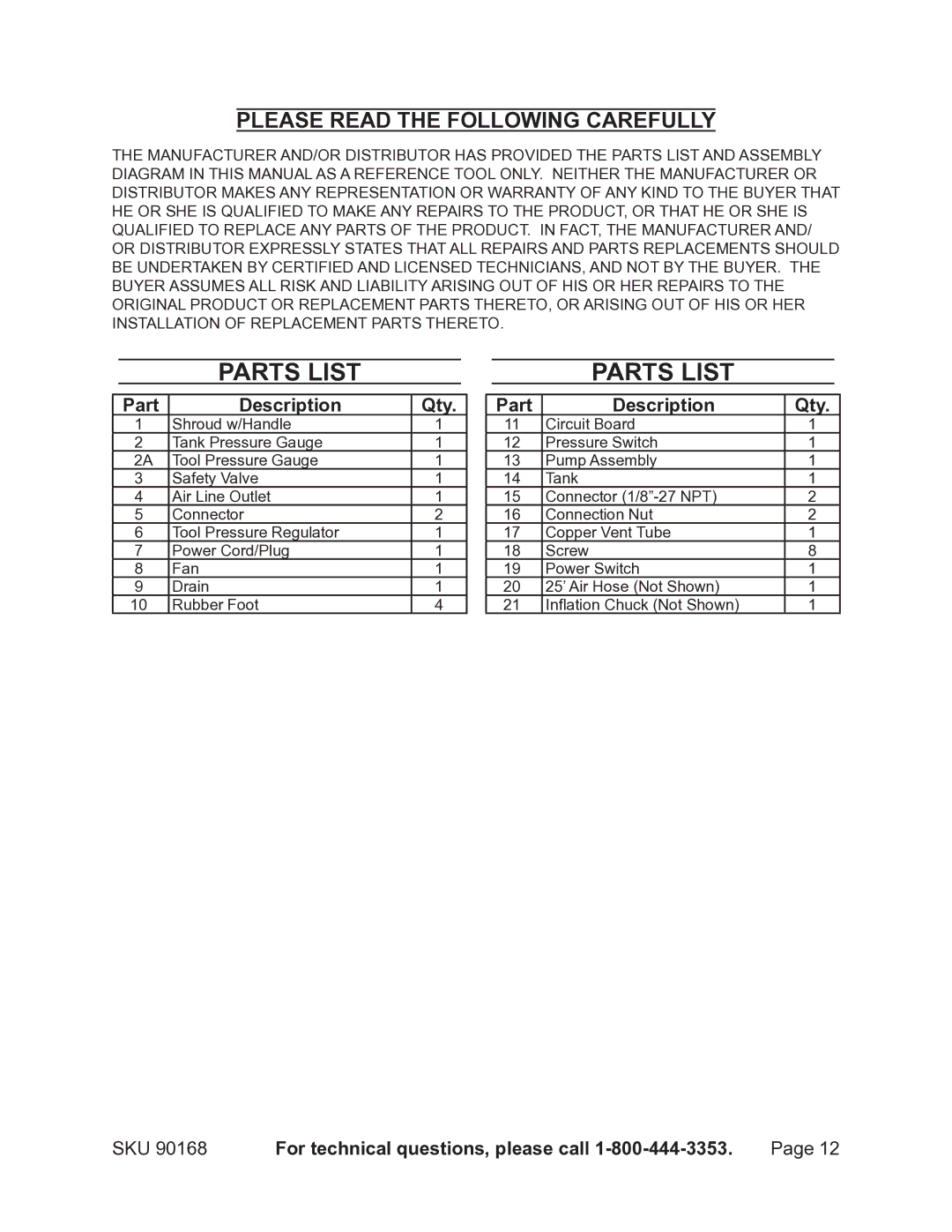 Harbor Freight Tools 90168 operating instructions Parts List, Please Read the Following Carefully 