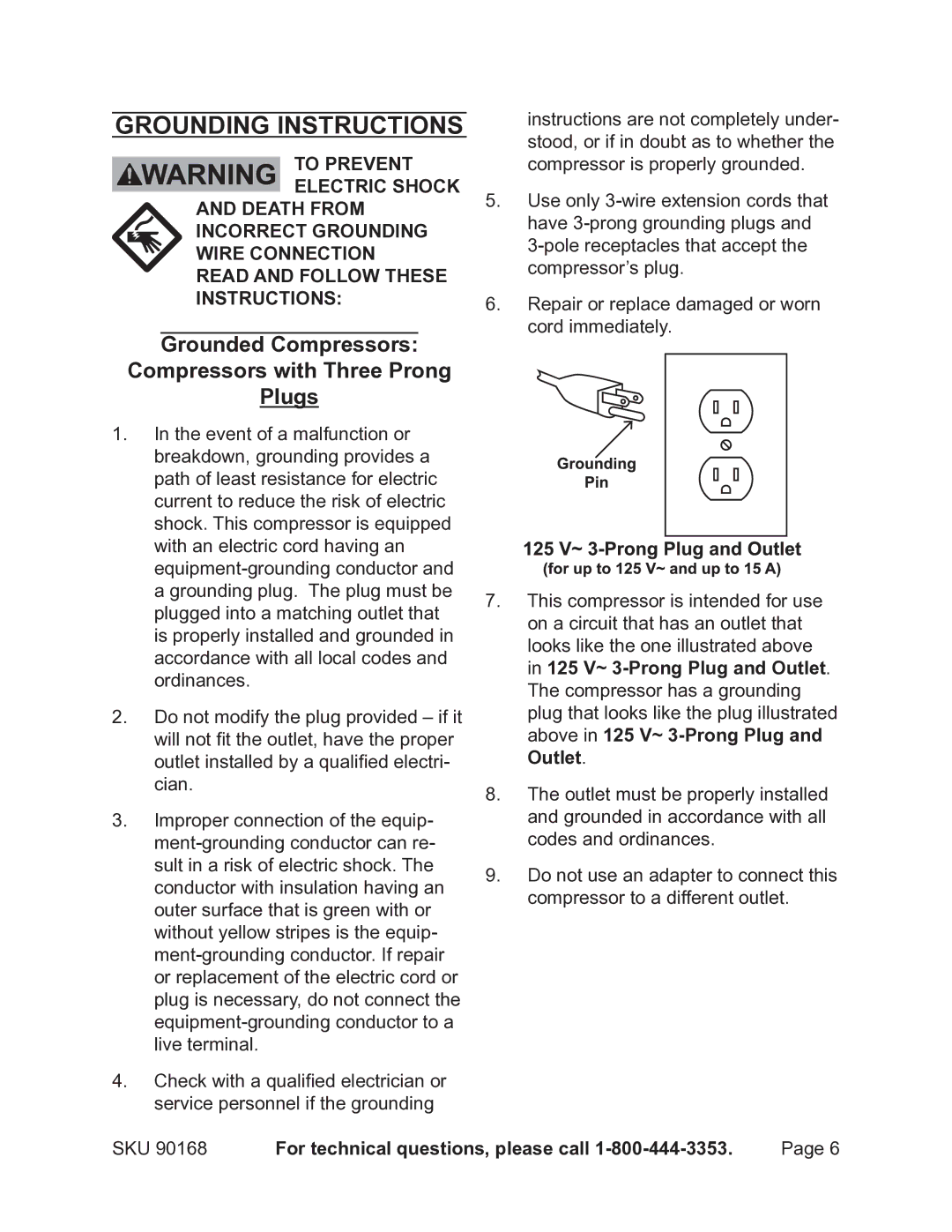 Harbor Freight Tools 90168 Grounding Instructions, Grounded Compressors Compressors with Three Prong Plugs 