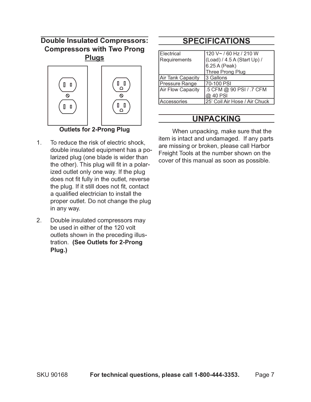 Harbor Freight Tools 90168 operating instructions Specifications, Unpacking 