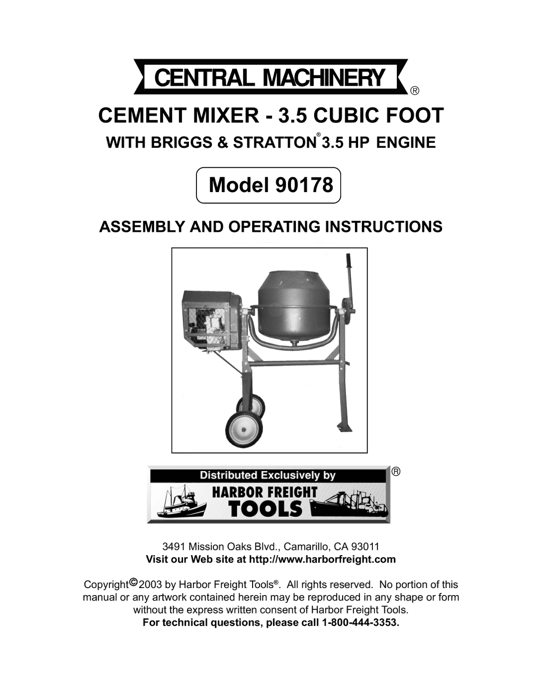 Harbor Freight Tools 90178 operating instructions Cement Mixer 3.5 Cubic Foot 