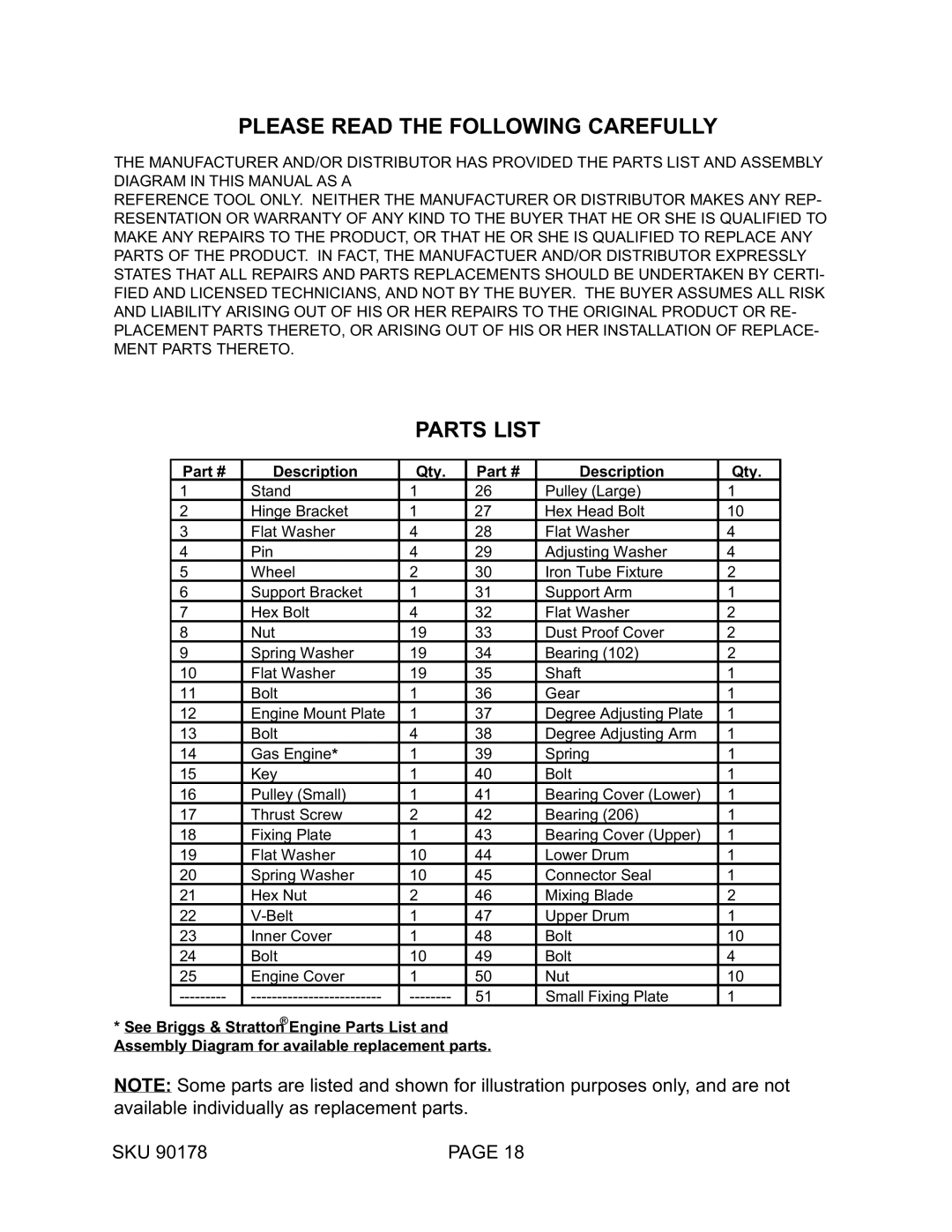 Harbor Freight Tools 90178 operating instructions Please Read the Following Carefully, Parts List 