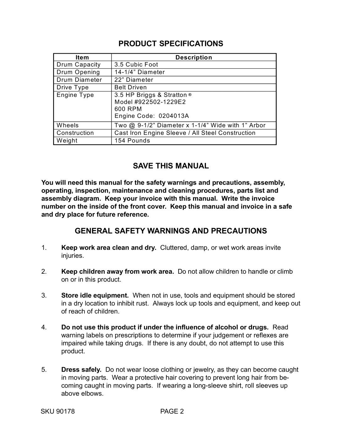 Harbor Freight Tools 90178 Product Specifications Save this Manual, General Safety Warnings and Precautions 