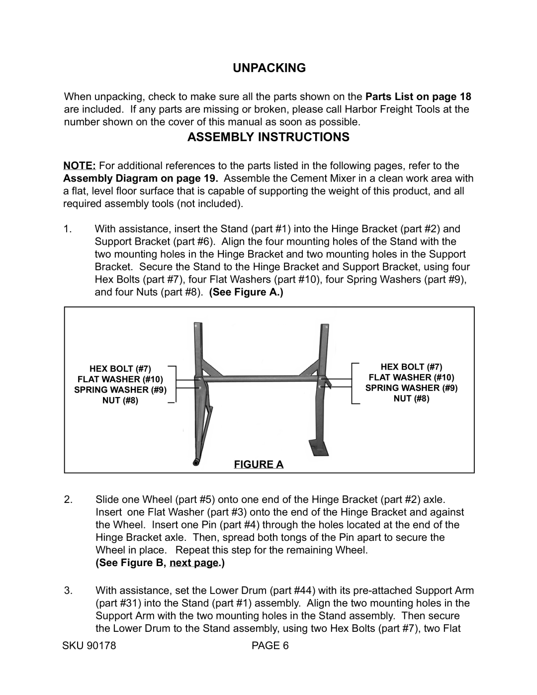 Harbor Freight Tools 90178 operating instructions Unpacking, Assembly Instructions 