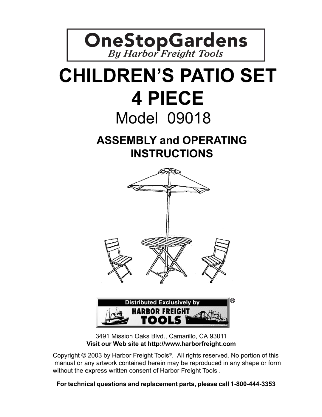 Harbor Freight Tools 9018 manual CHILDREN’S Patio SET Piece 