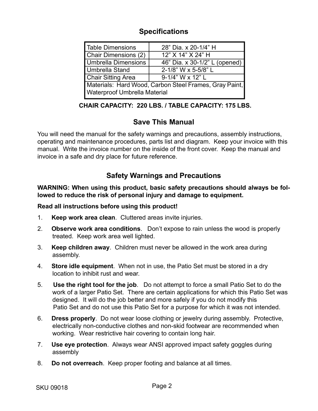 Harbor Freight Tools 9018 manual Specifications, Save This Manual, Safety Warnings and Precautions 