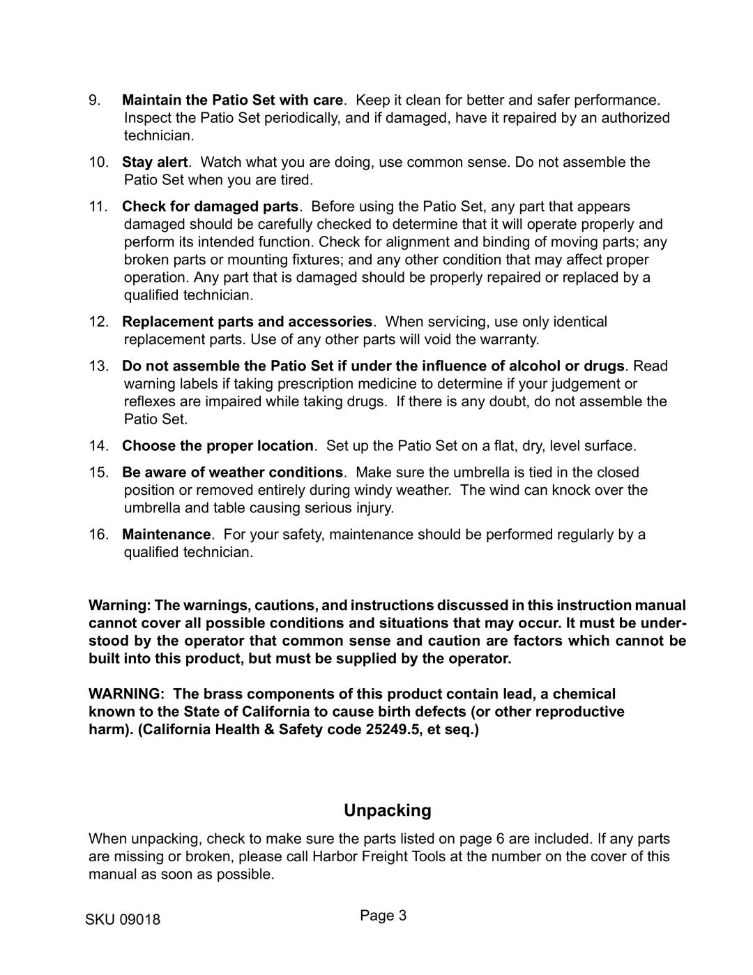 Harbor Freight Tools 9018 manual Unpacking 