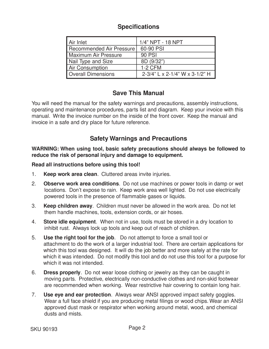 Harbor Freight Tools 90193 operating instructions Specifications, Save This Manual, Safety Warnings and Precautions 