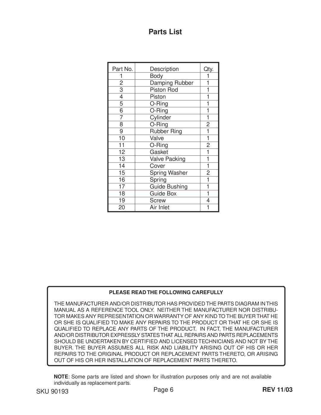 Harbor Freight Tools 90193 operating instructions Parts List, Please Read the Following Carefully 