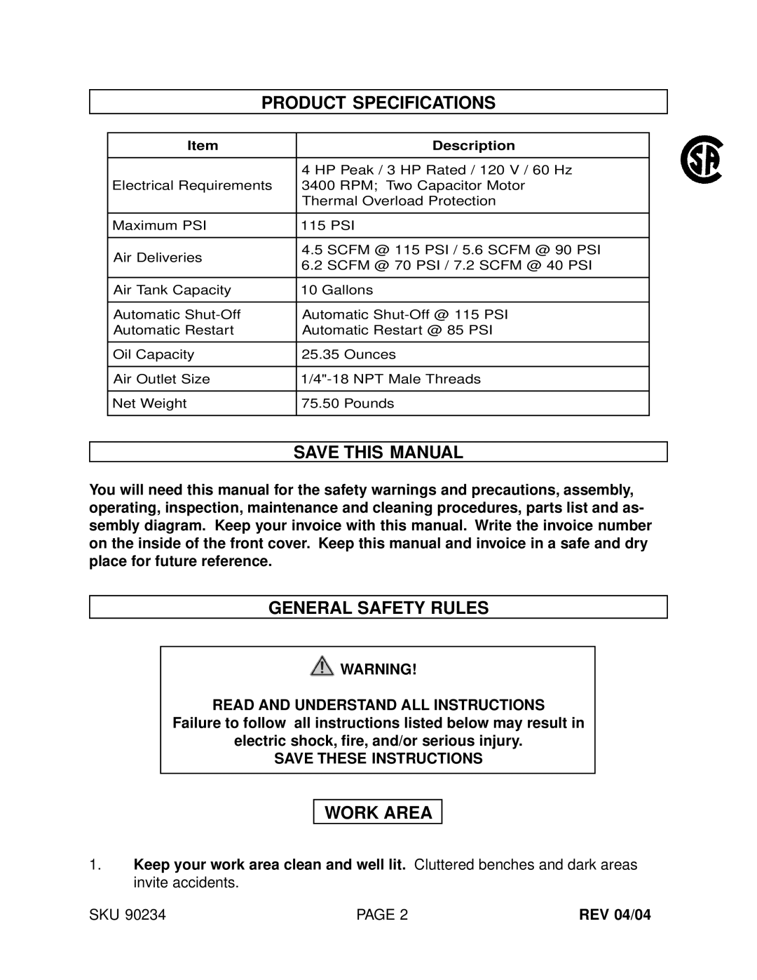 Harbor Freight Tools 90234 operating instructions Product Specifications, Save this Manual, General Safety Rules, Work Area 