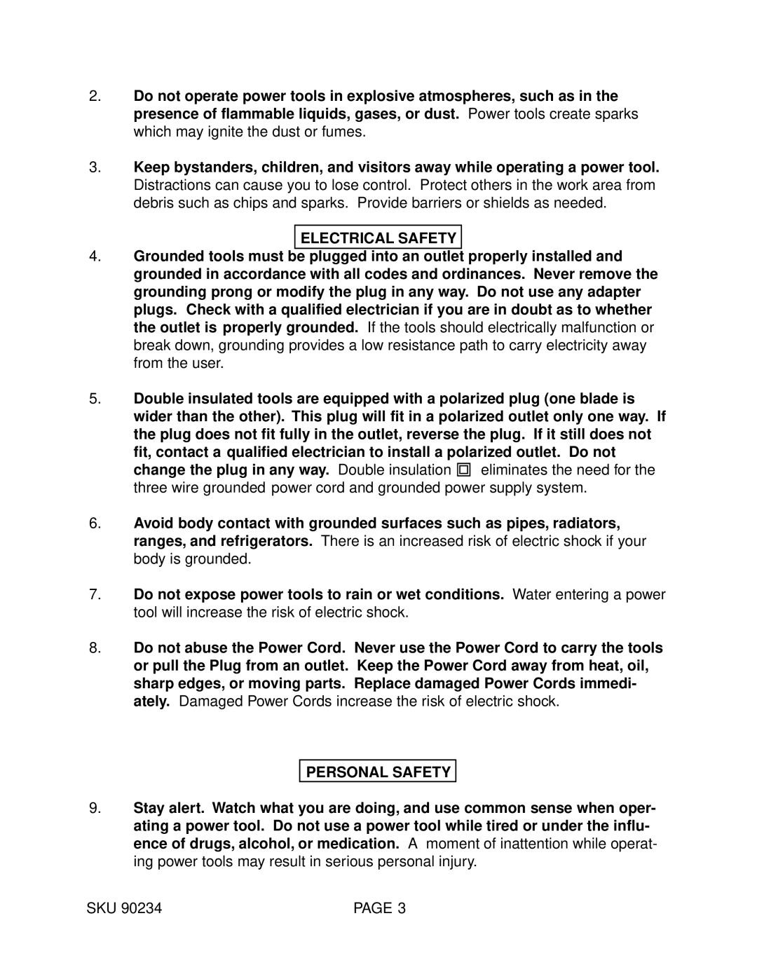 Harbor Freight Tools 90234 operating instructions Electrical Safety, Personal Safety 