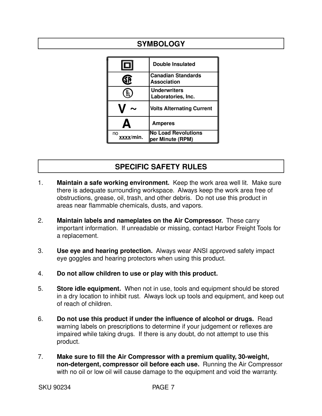 Harbor Freight Tools 90234 operating instructions Symbology, Specific Safety Rules 