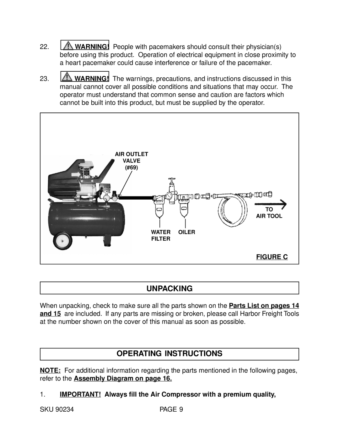 Harbor Freight Tools 90234 operating instructions Unpacking, Operating Instructions 