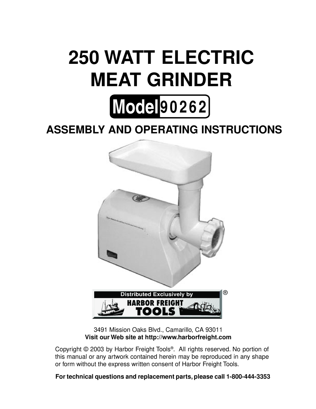 Harbor Freight Tools 90262 operating instructions Watt Electric Meat Grinder 