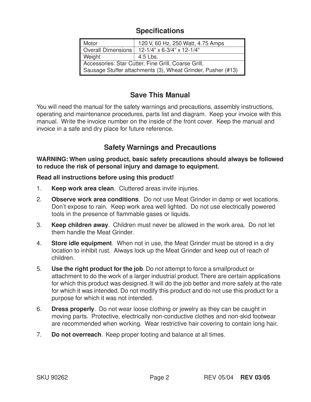 Harbor Freight Tools 90262 operating instructions Specifications, Save This Manual, Safety Warnings and Precautions 