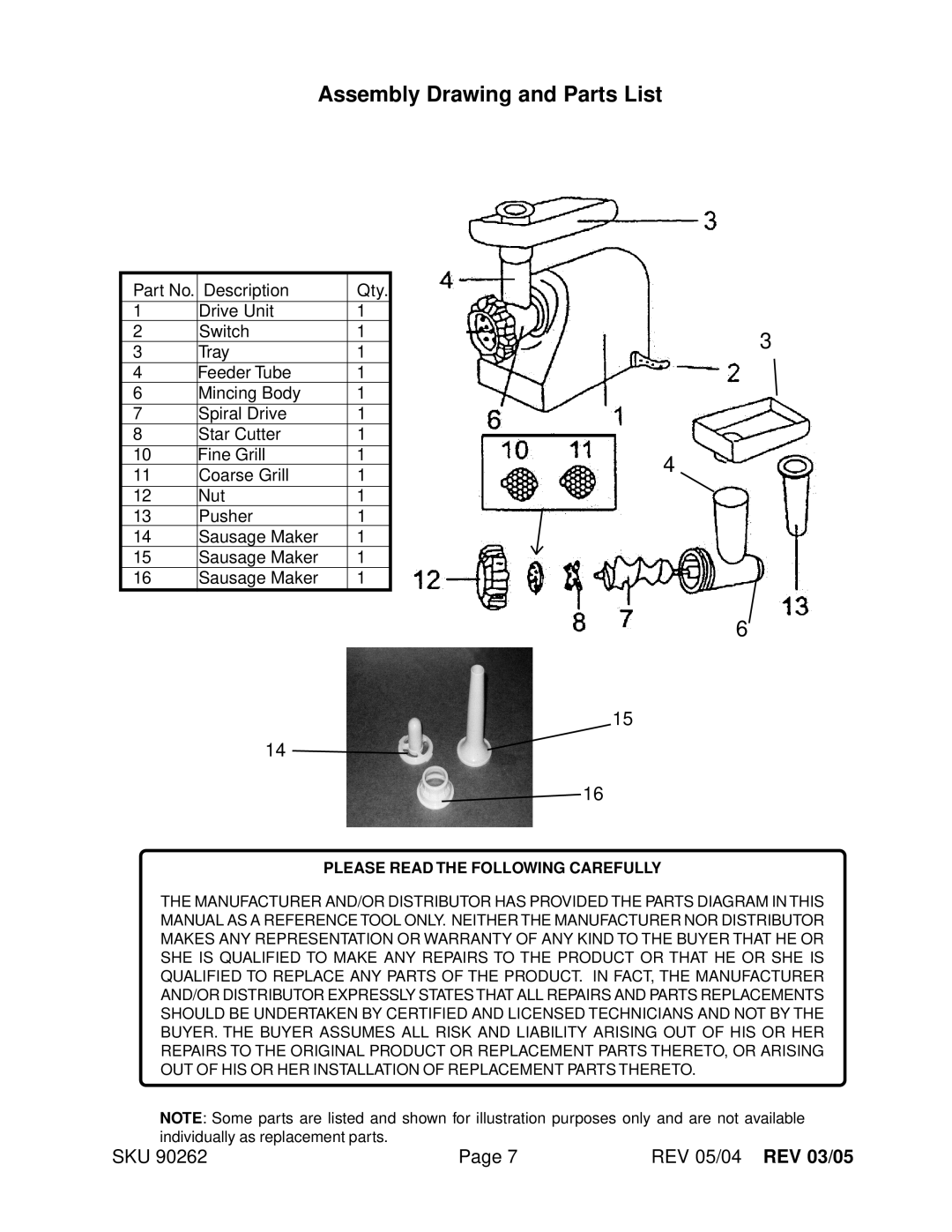 Harbor Freight Tools 90262 operating instructions Assembly Drawing and Parts List, Please Read the Following Carefully 