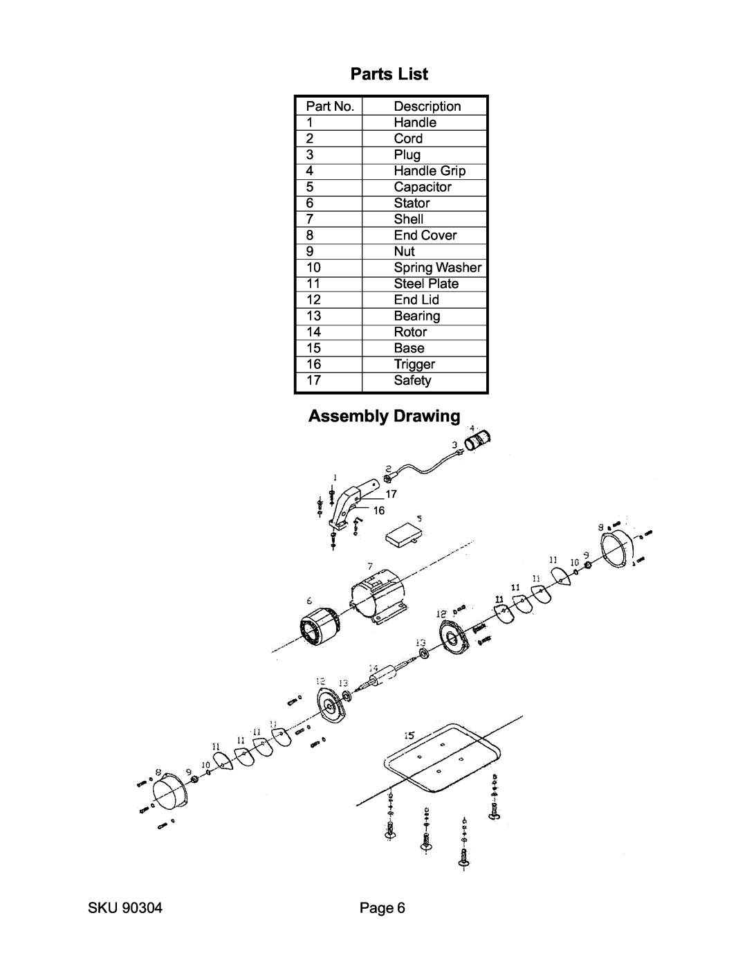 Harbor Freight Tools 90304 operating instructions Parts List, Assembly Drawing 