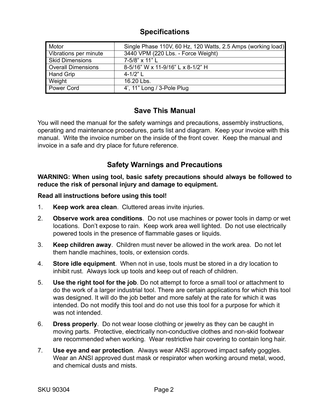 Harbor Freight Tools 90304 operating instructions Specifications, Save This Manual, Safety Warnings and Precautions 