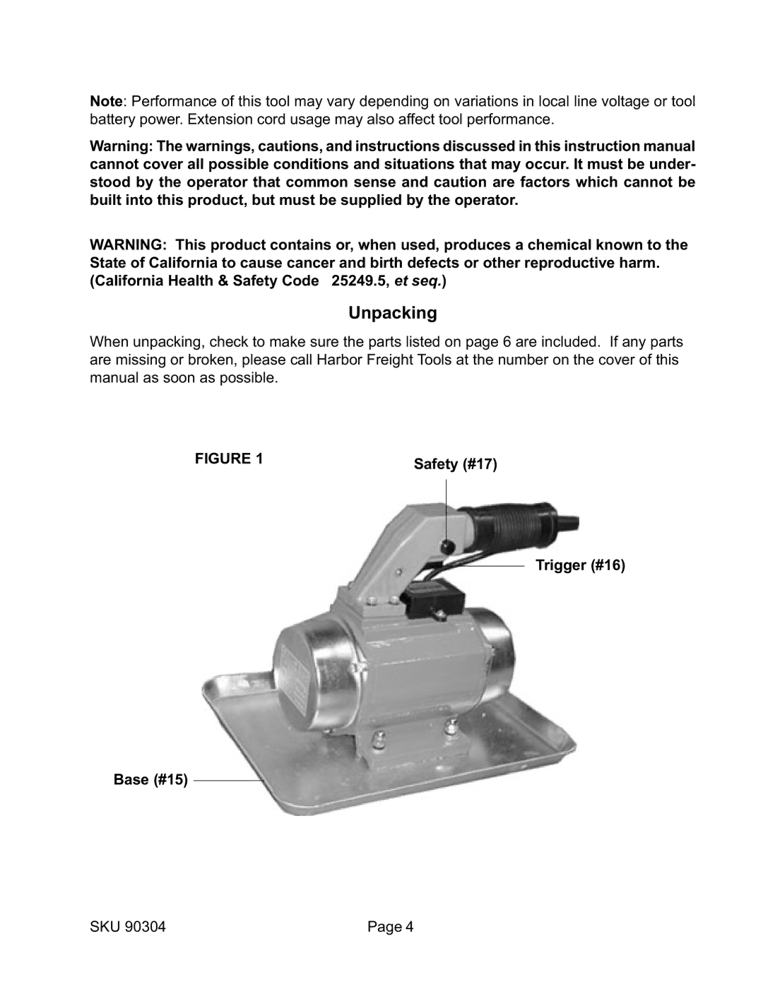 Harbor Freight Tools 90304 operating instructions Unpacking 