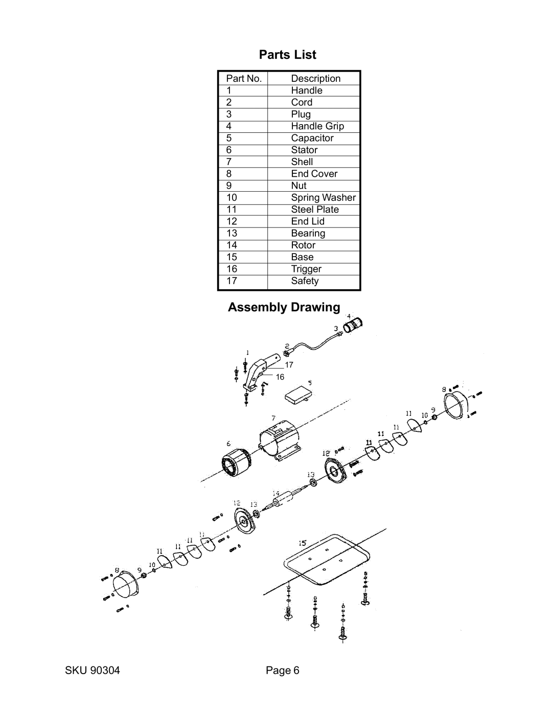 Harbor Freight Tools 90304 operating instructions Parts List, Assembly Drawing 