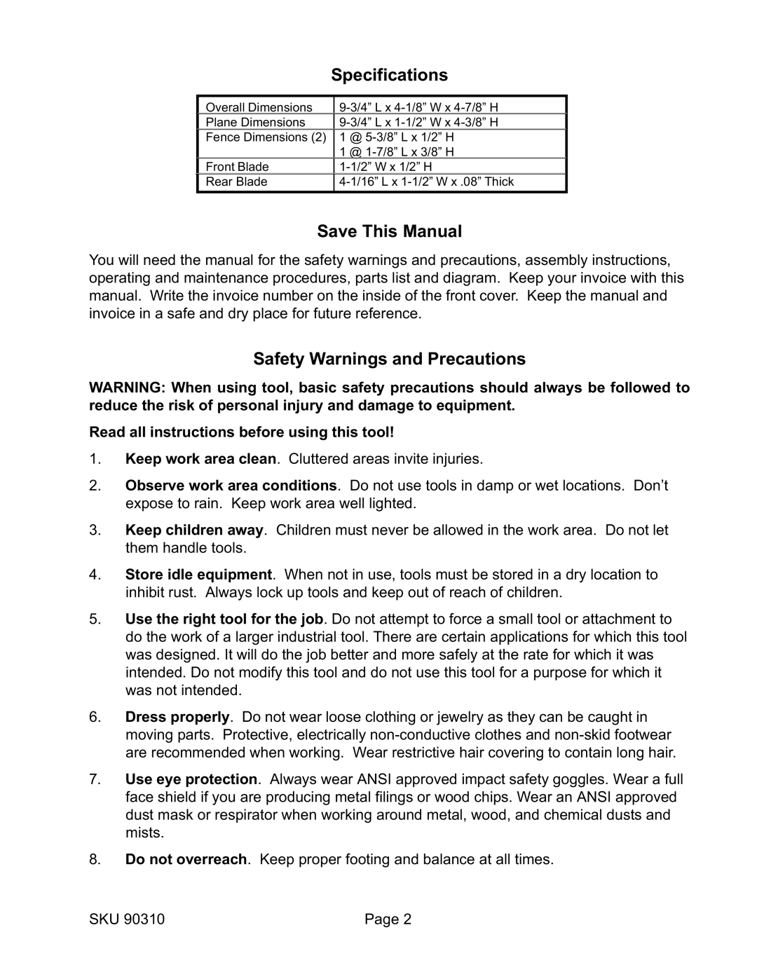 Harbor Freight Tools 90310 operating instructions Specifications, Save This Manual, Safety Warnings and Precautions 