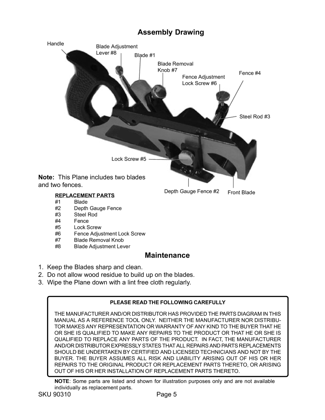 Harbor Freight Tools 90310 operating instructions Assembly Drawing, Maintenance 