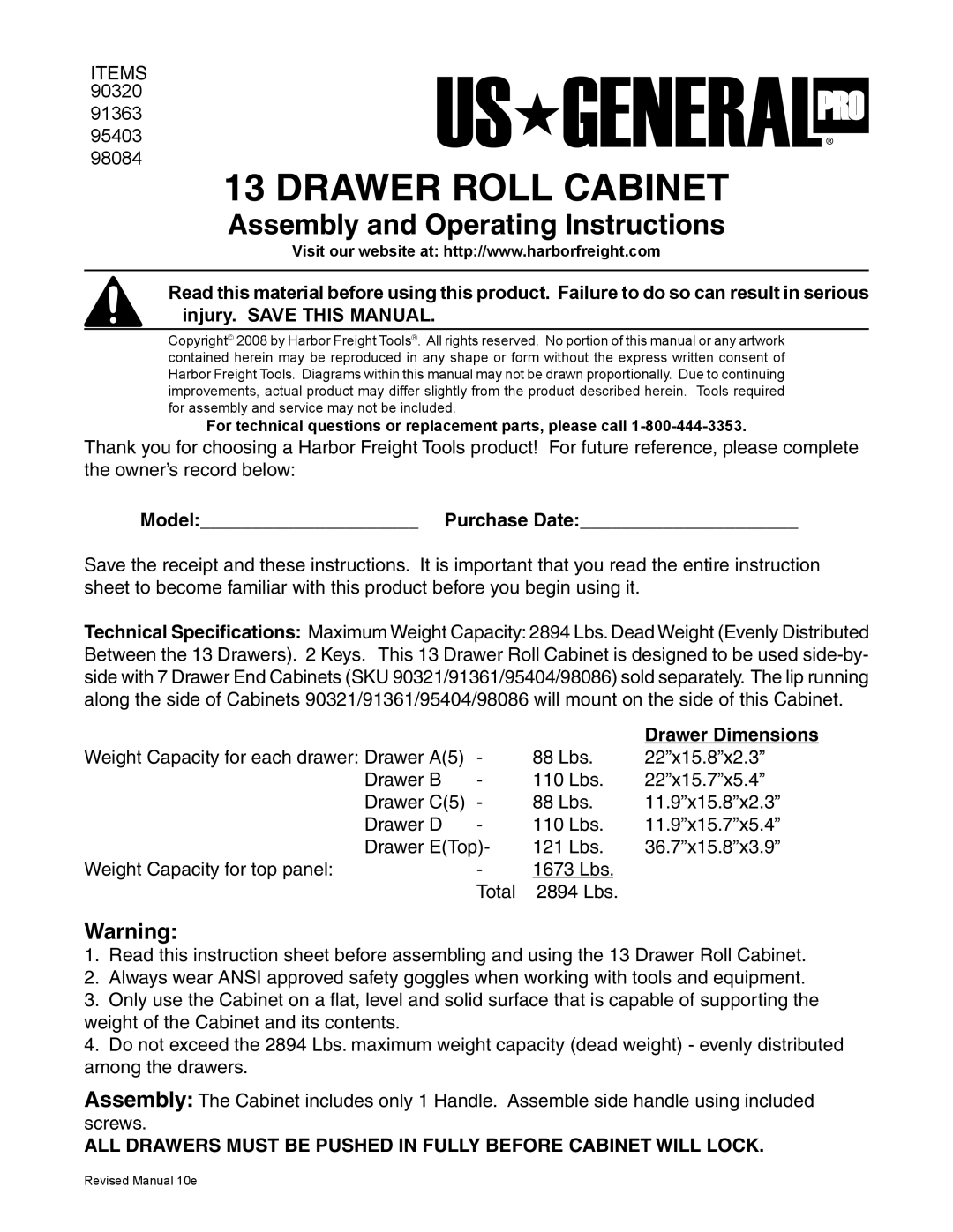 Harbor Freight Tools 91363, 90320, 95403 operating instructions Drawer Roll Cabinet, Assembly and Operating Instructions 