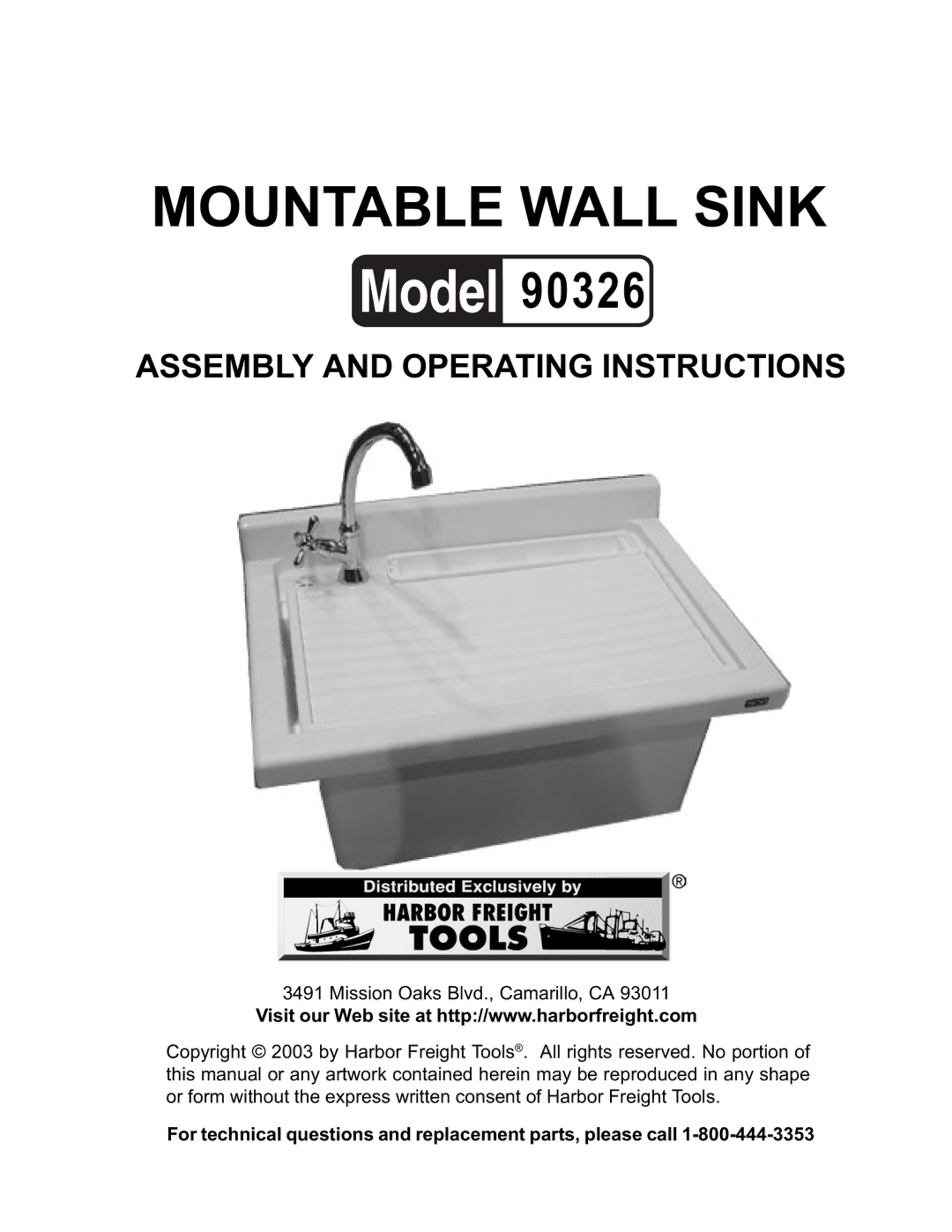 Harbor Freight Tools 90326 operating instructions Mountable Wall Sink 