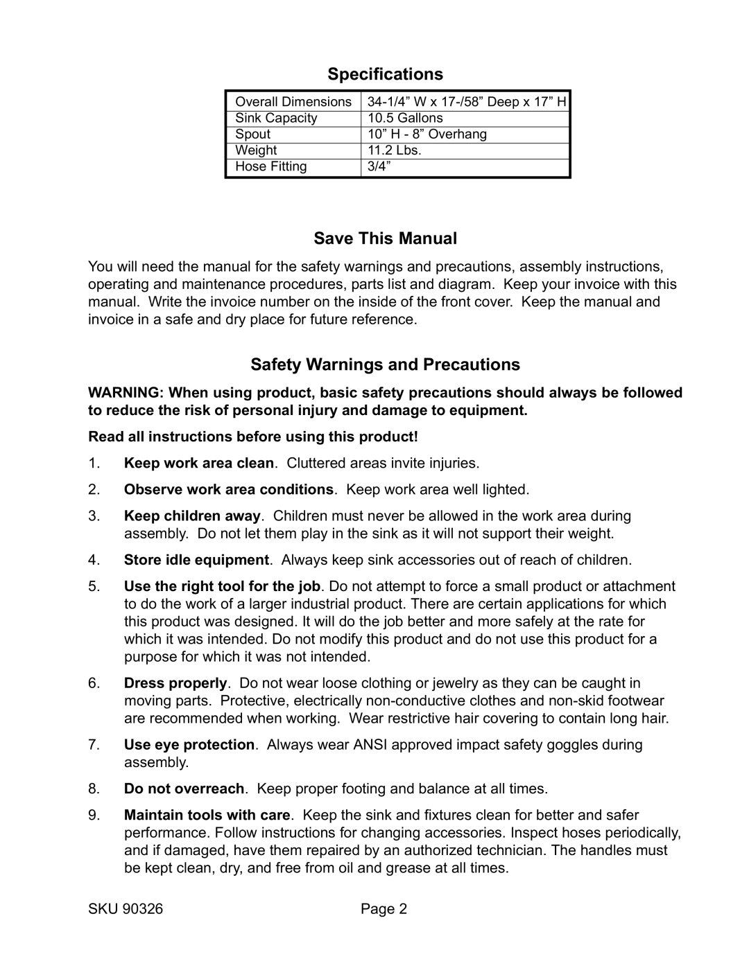 Harbor Freight Tools 90326 operating instructions Specifications, Save This Manual, Safety Warnings and Precautions 