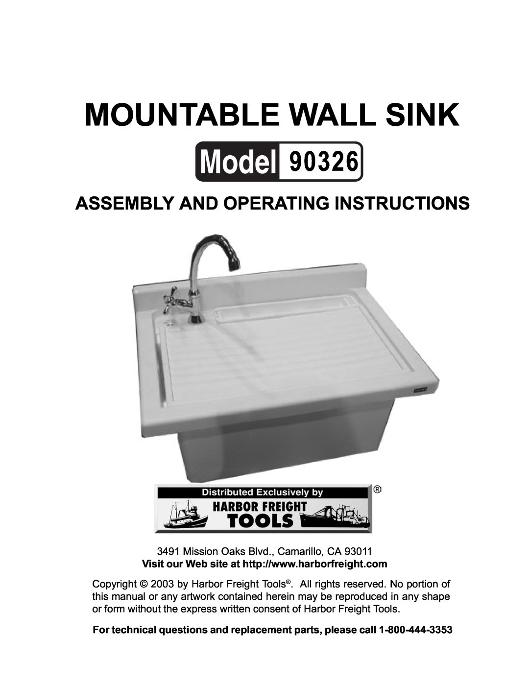 Harbor Freight Tools 90326 operating instructions Mountable Wall Sink, Assembly And Operating Instructions 