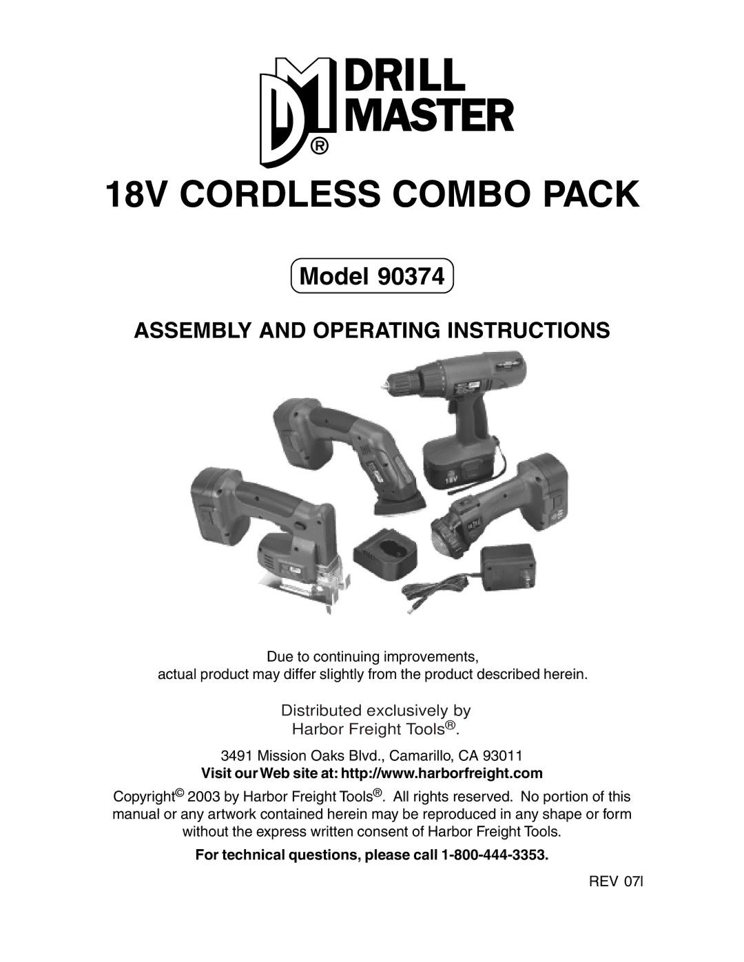 Harbor Freight Tools 90374 operating instructions 18V Cordless Combo Pack, For technical questions, please call 