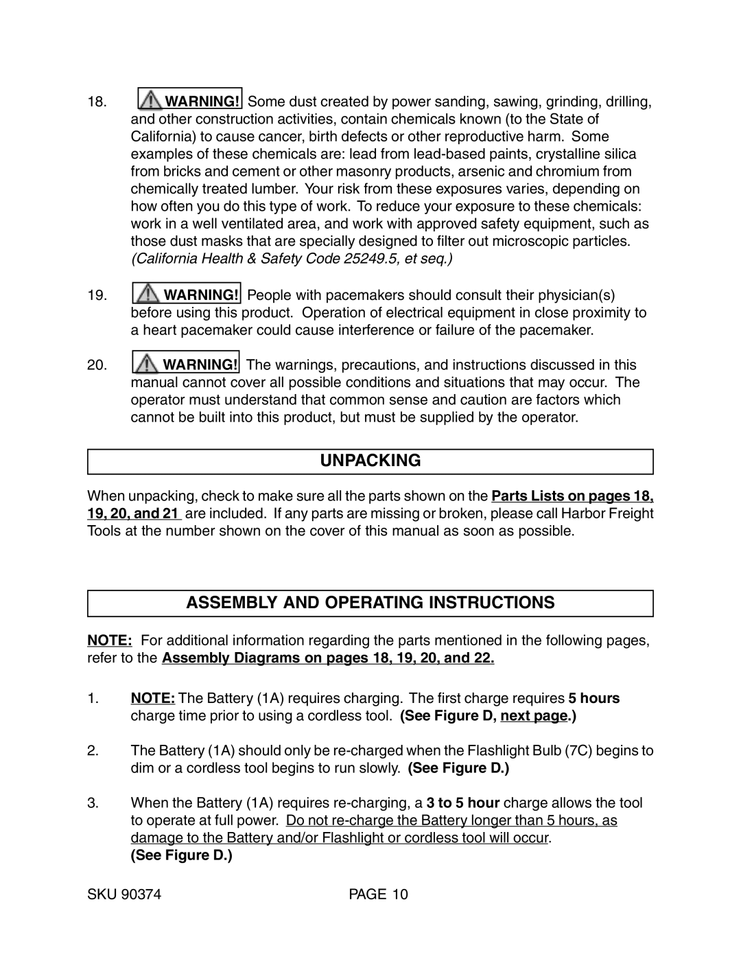 Harbor Freight Tools 90374 operating instructions Unpacking, Assembly and Operating Instructions, See Figure D 