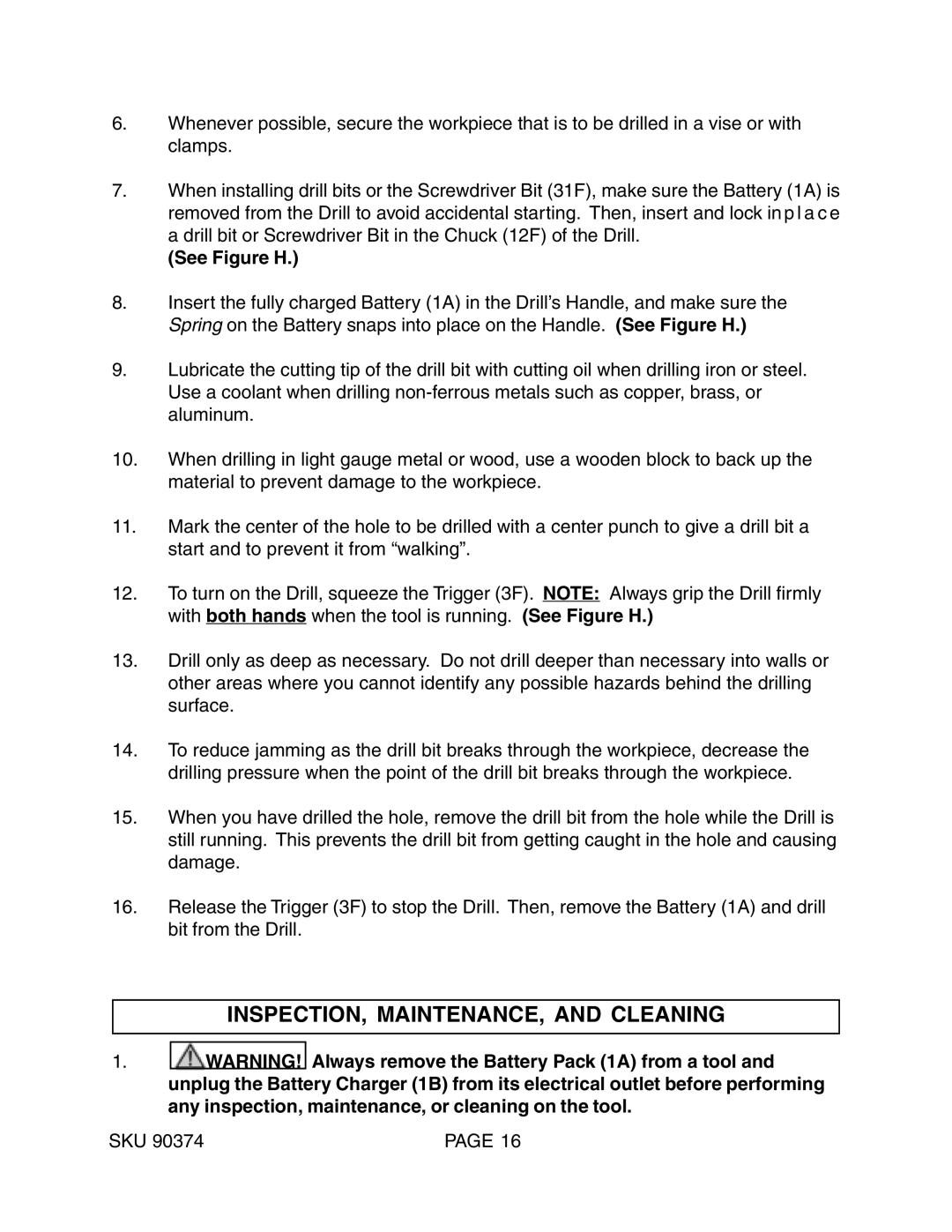 Harbor Freight Tools 90374 operating instructions INSPECTION, MAINTENANCE, and Cleaning, See Figure H 