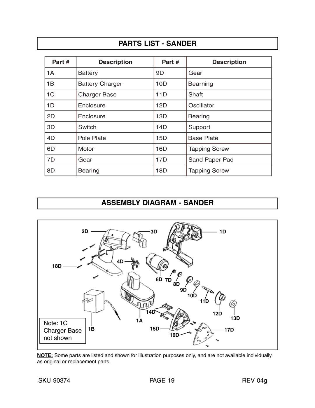 Harbor Freight Tools 90374 operating instructions Parts List Sander, Assembly Diagram Sander, Charger Base, Not shown 