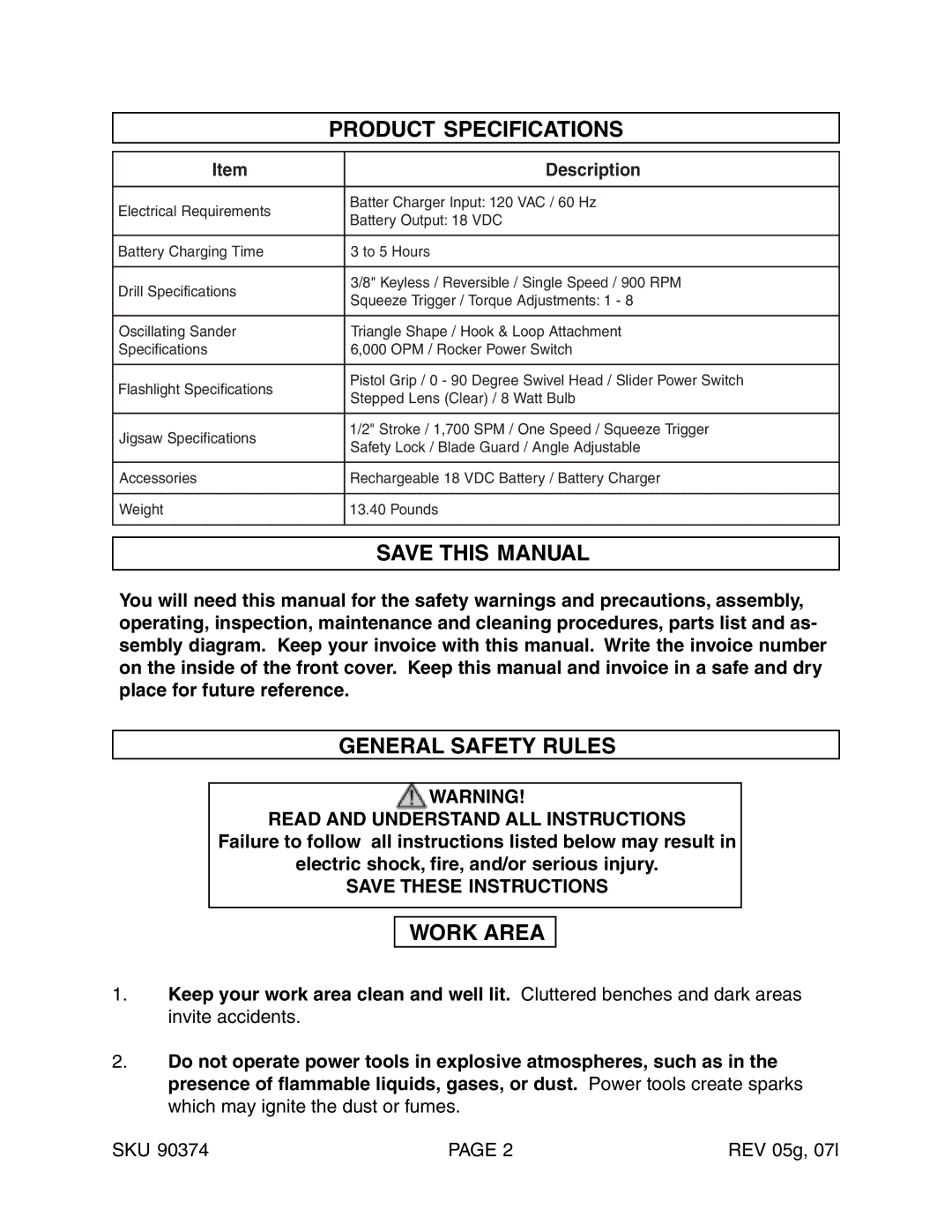 Harbor Freight Tools 90374 operating instructions General Safety Rules, Work Area, Read and Understand ALL Instructions 